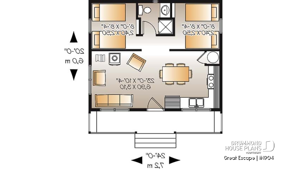 1st level - Affordable small 2 bedroom cabin plan, wood stove, open concept, low budget construction - Great Escape