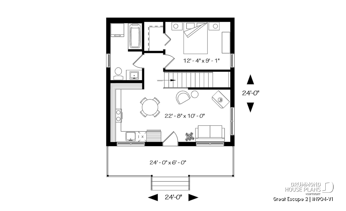 1st level - Small Modern Cottage Plan, Sloped Ceiling, One Large Bedroom, Wood Burning Stove, Open Concept - Great Escape 2