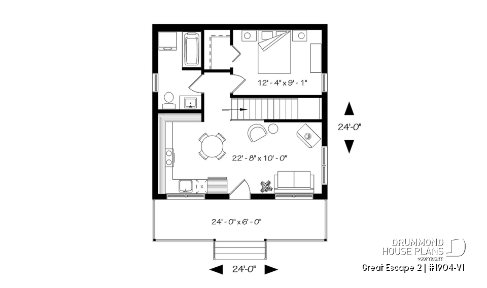 1st level - Small Modern Cottage Plan, Sloped Ceiling, One Large Bedroom, Wood Burning Stove, Open Concept - Great Escape 2