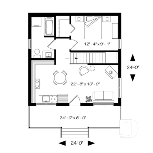 1st level - Small Modern Cottage Plan, Sloped Ceiling, One Large Bedroom, Wood Burning Stove, Open Concept - Great Escape 2