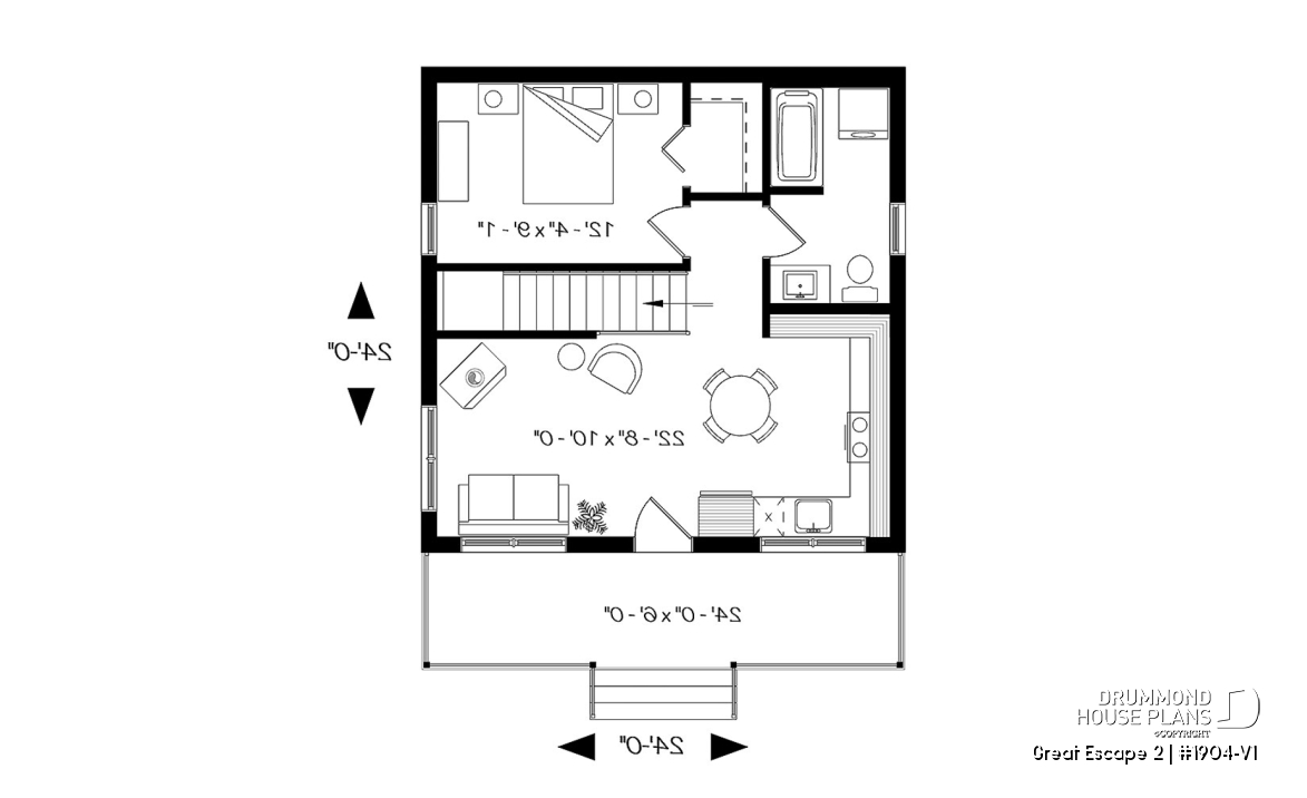 1st level - Small Modern Cottage Plan, Sloped Ceiling, One Large Bedroom, Wood Burning Stove, Open Concept - Great Escape 2