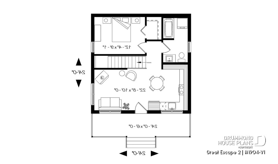 1st level - Small Modern Cottage Plan, Sloped Ceiling, One Large Bedroom, Wood Burning Stove, Open Concept - Great Escape 2