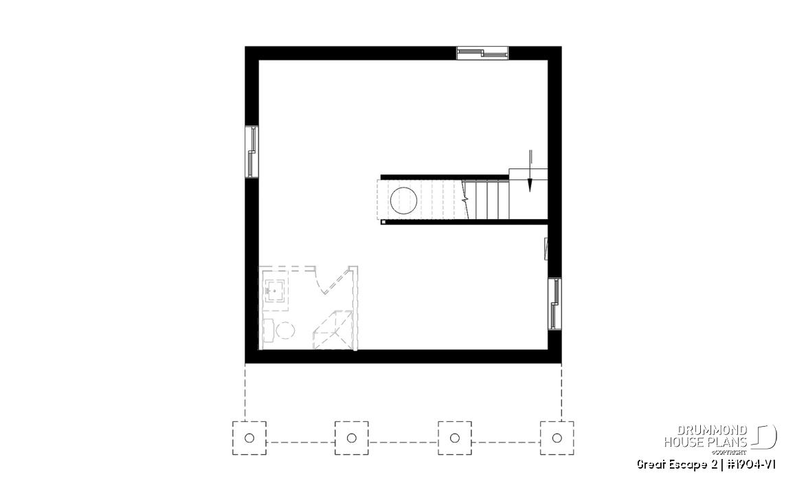 Basement - Small Modern Cottage Plan, Sloped Ceiling, One Large Bedroom, Wood Burning Stove, Open Concept - Great Escape 2