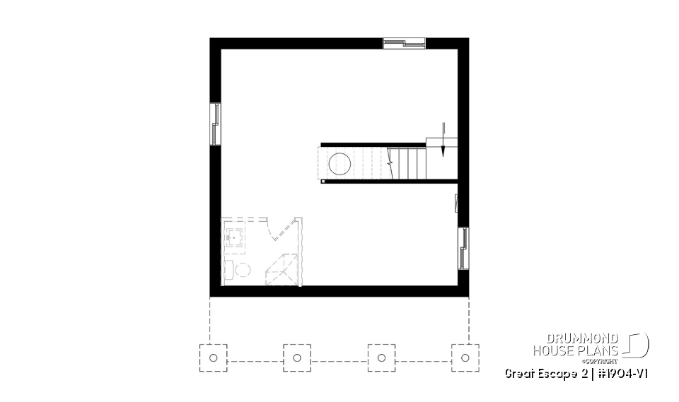 Basement - Small Modern Cottage Plan, Sloped Ceiling, One Large Bedroom, Wood Burning Stove, Open Concept - Great Escape 2
