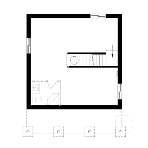 Basement - Small Modern Cottage Plan, Sloped Ceiling, One Large Bedroom, Wood Burning Stove, Open Concept - Great Escape 2