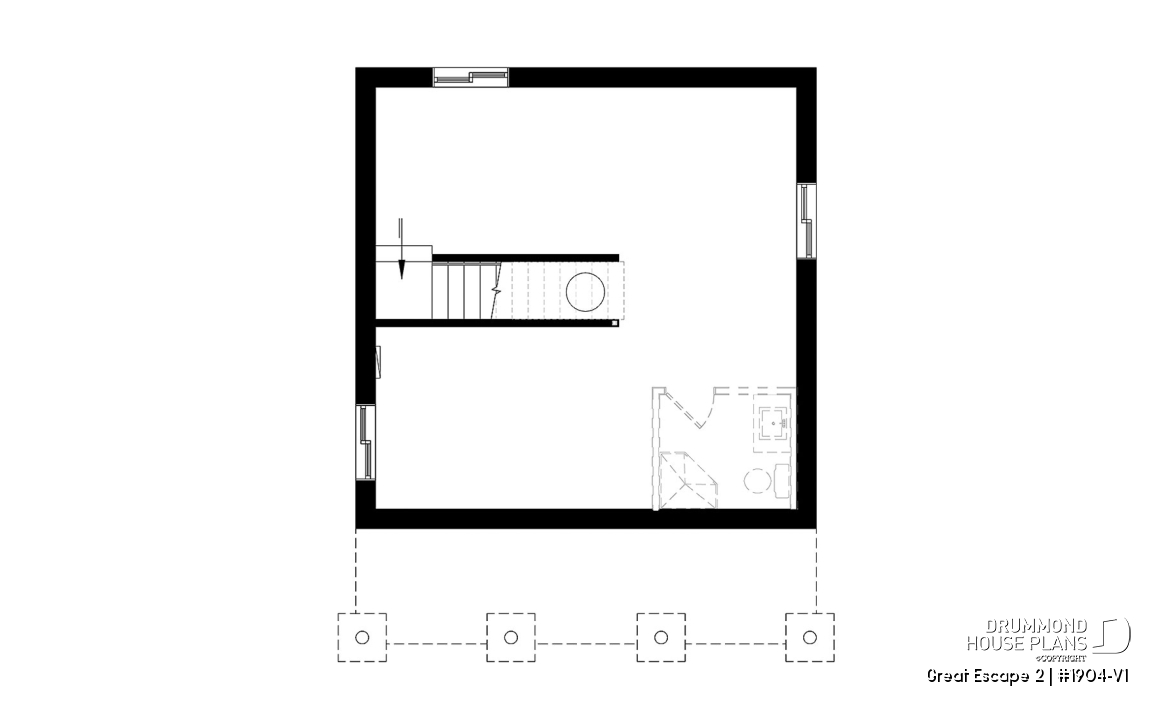 Basement - Small Modern Cottage Plan, Sloped Ceiling, One Large Bedroom, Wood Burning Stove, Open Concept - Great Escape 2