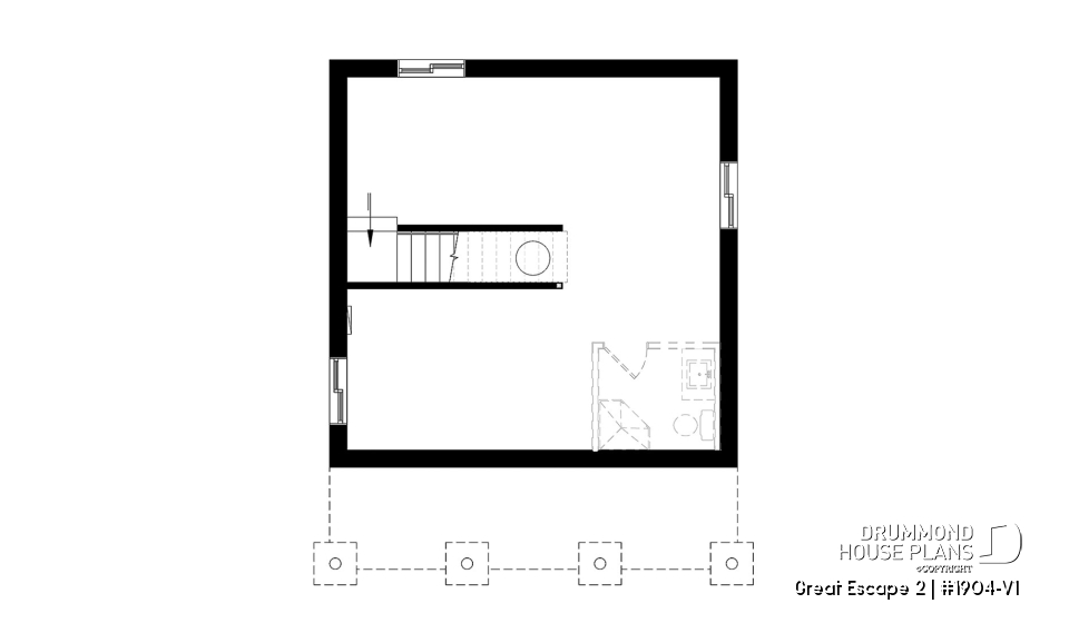 Basement - Small Modern Cottage Plan, Sloped Ceiling, One Large Bedroom, Wood Burning Stove, Open Concept - Great Escape 2