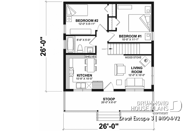 1st level - Small 2 bedroom cabin plan with unfinished basement, large covered front balcony and sloped ceiling - Great Escape 3