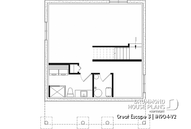 Basement - Small 2 bedroom cabin plan with unfinished basement, large covered front balcony and sloped ceiling - Great Escape 3