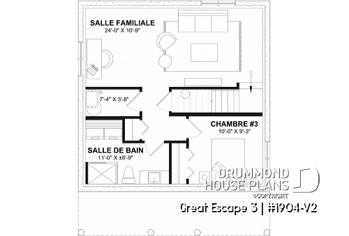 Finished basement - Small 2 bedroom cabin plan with unfinished basement, large covered front balcony and sloped ceiling - Great Escape 3