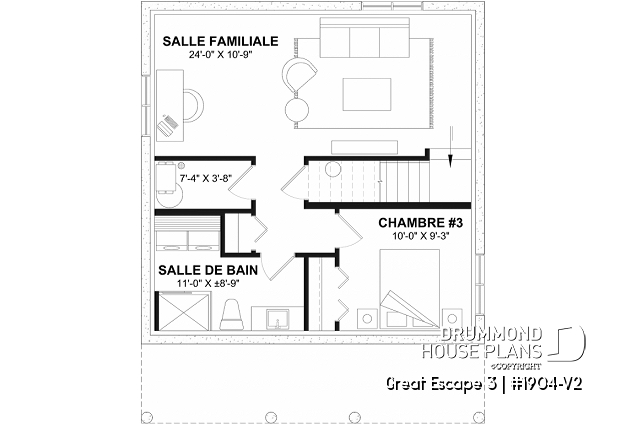 Finished basement - Small 2 bedroom cabin plan with unfinished basement, large covered front balcony and sloped ceiling - Great Escape 3