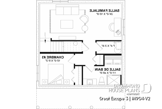 Finished basement (Optional $) - Low budget modern small chalet plan, 2 to 3 bedrooms, optional finished basement ($), sloped ceiling - Great Escape 3