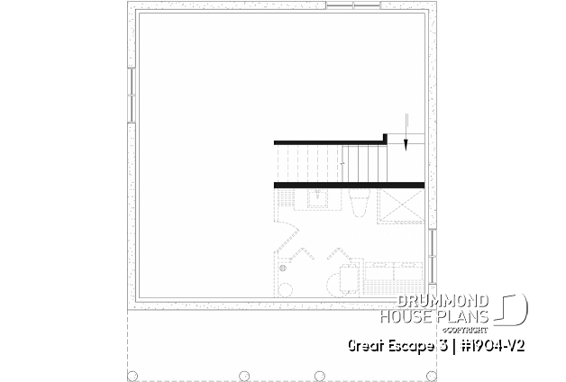 Unfinished basement - Small 2 bedroom cabin plan with unfinished basement, large covered front balcony and sloped ceiling - Great Escape 3