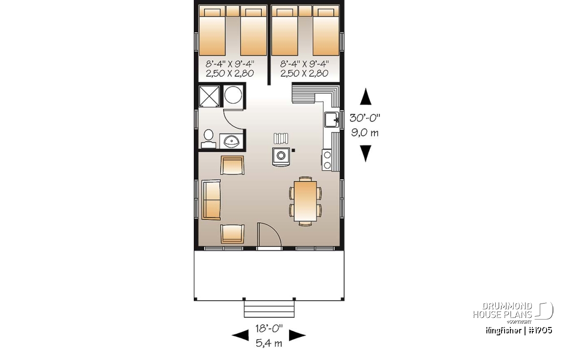 1st level - Small country cabin plan with 2 bedrooms, open kitchen family room, shower room, covered porch - Kingfisher