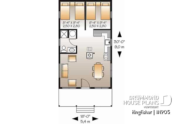 1st level - Small country cabin plan with 2 bedrooms, open kitchen family room, shower room, covered porch - Kingfisher