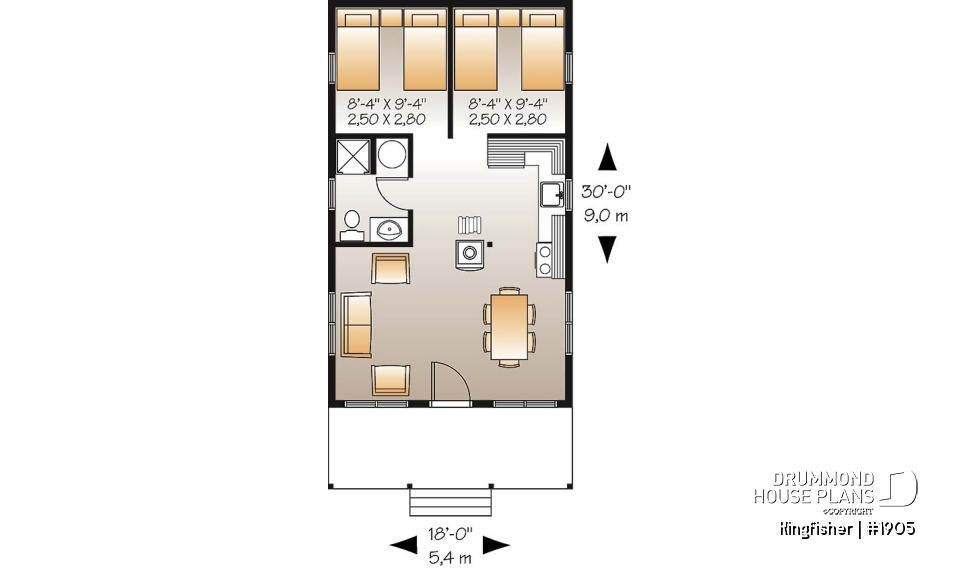 1st level - Small country cabin plan with 2 bedrooms, open kitchen family room, shower room, covered porch - Kingfisher
