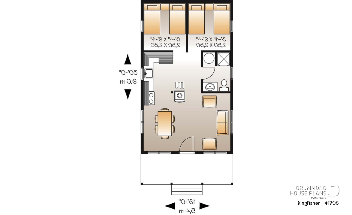 1st level - Small country cabin plan with 2 bedrooms, open kitchen family room, shower room, covered porch - Kingfisher
