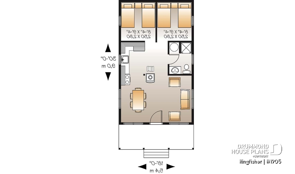 1st level - Small country cabin plan with 2 bedrooms, open kitchen family room, shower room, covered porch - Kingfisher