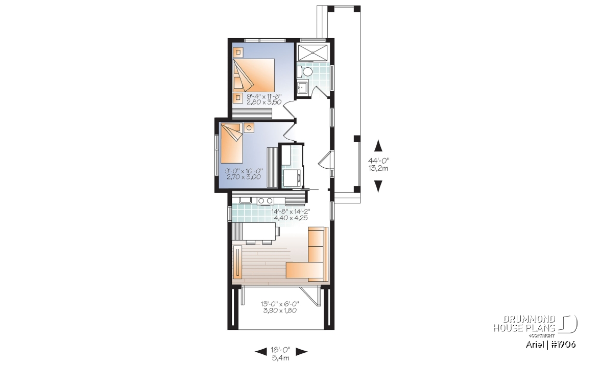 1st level - Modern 631 sq.ft. tiny house plan, 2 bedrooms, 9' ceiling, ideal for vegetable garden rooftop  - Ariel