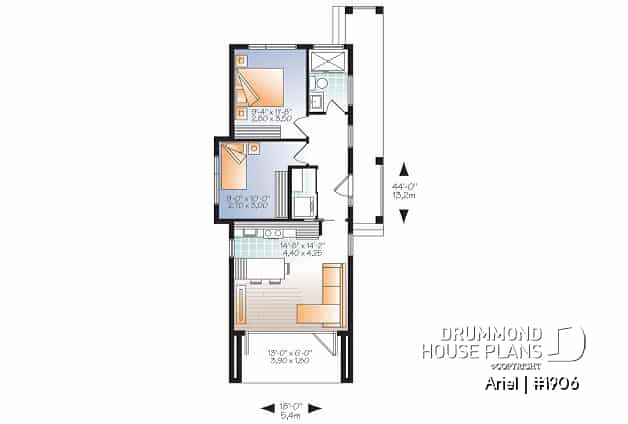 1st level - Modern 631 sq.ft. tiny house plan, 2 bedrooms, 9' ceiling, ideal for vegetable garden rooftop  - Ariel