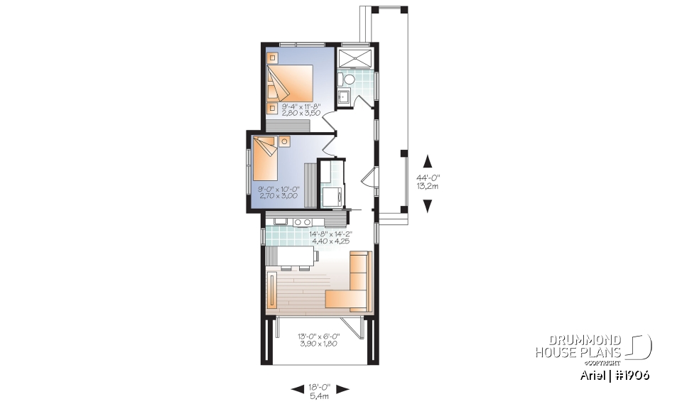 1st level - Modern 631 sq.ft. tiny house plan, 2 bedrooms, 9' ceiling, ideal for vegetable garden rooftop  - Ariel