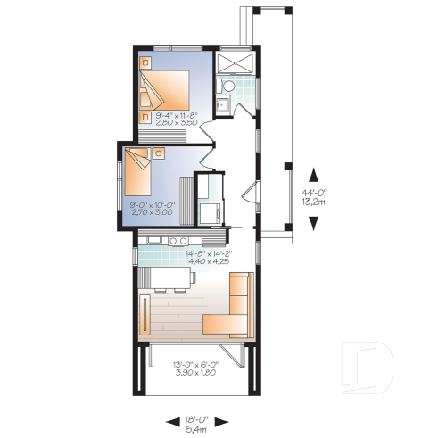 1st level - Modern 631 sq.ft. tiny house plan, 2 bedrooms, 9' ceiling, ideal for vegetable garden rooftop  - Ariel