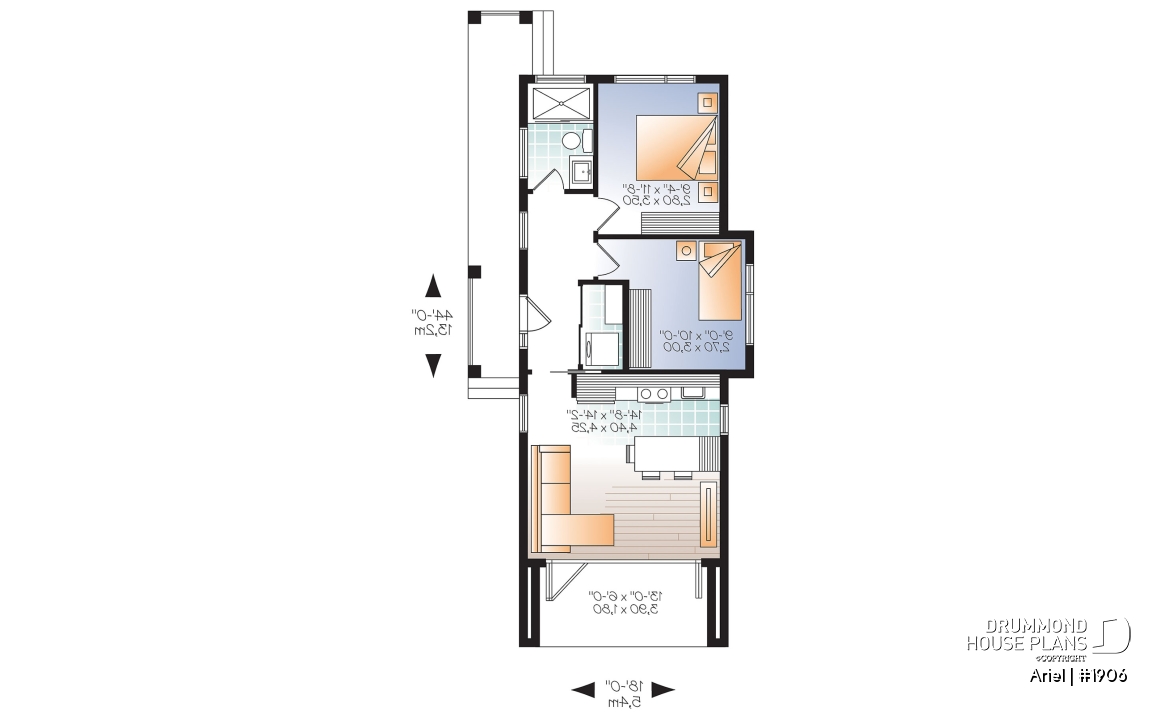 1st level - Modern 631 sq.ft. tiny house plan, 2 bedrooms, 9' ceiling, ideal for vegetable garden rooftop  - Ariel