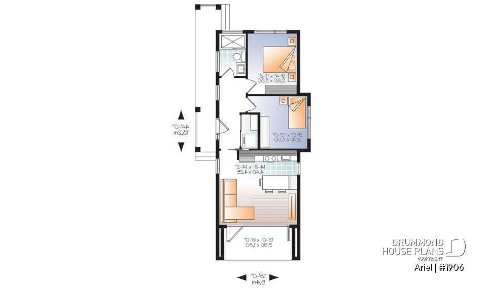 1st level - Modern 631 sq.ft. tiny house plan, 2 bedrooms, 9' ceiling, ideal for vegetable garden rooftop  - Ariel