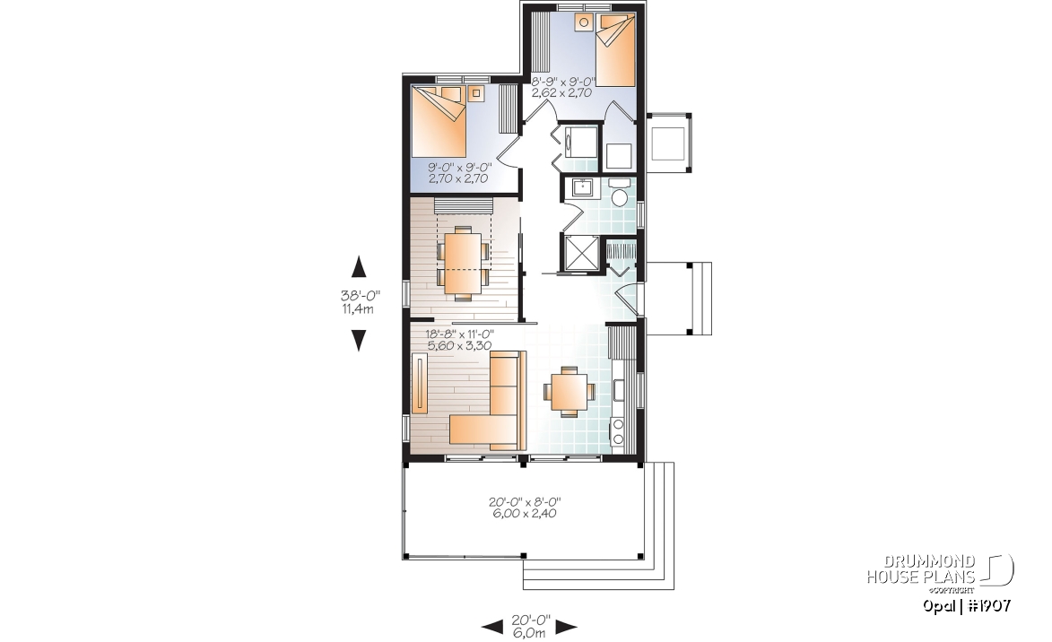 1st level - Modern Rustic 700 sq.ft. tiny small house plan or cabin plan, very versatile, 2+ bedrooms, large covered deck - Opal