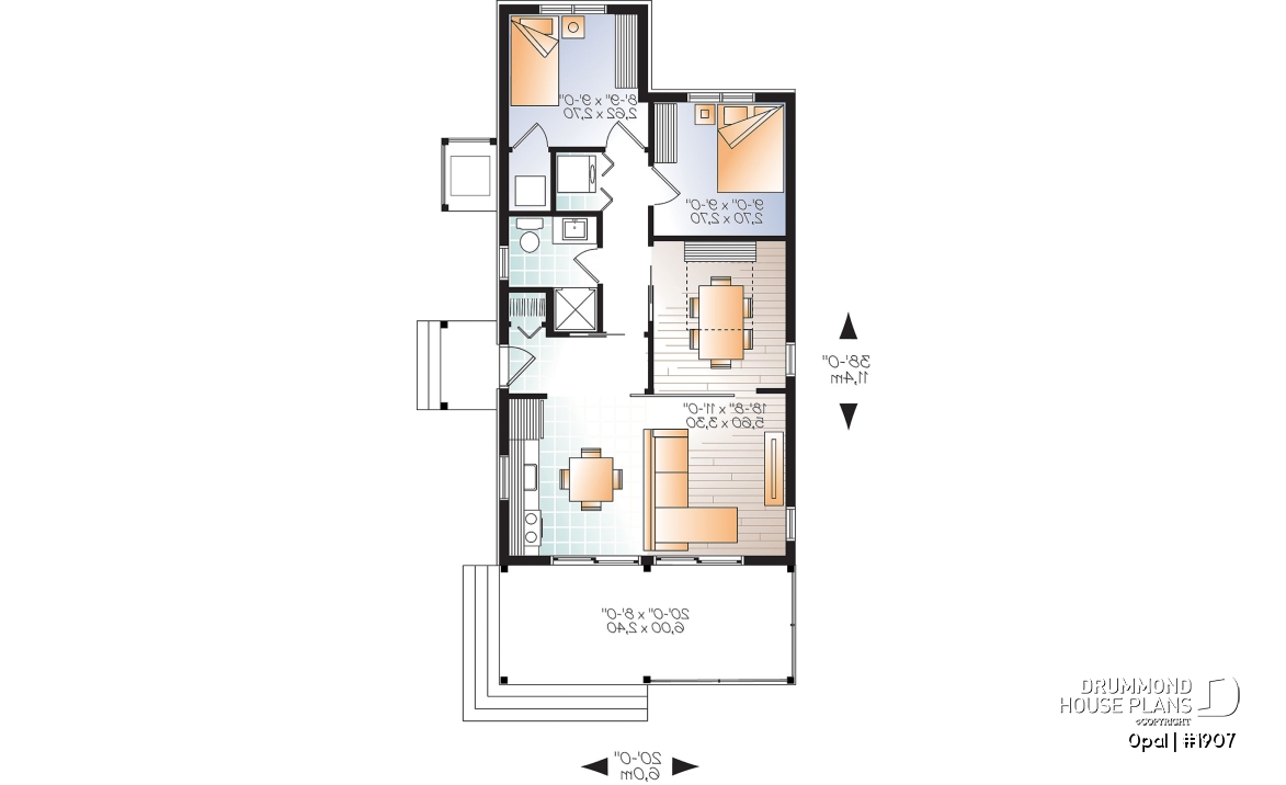 1st level - Modern Rustic 700 sq.ft. tiny small house plan or cabin plan, very versatile, 2+ bedrooms, large covered deck - Opal