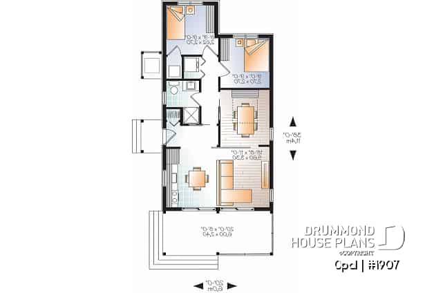 1st level - Modern Rustic 700 sq.ft. tiny small house plan or cabin plan, very versatile, 2+ bedrooms, large covered deck - Opal