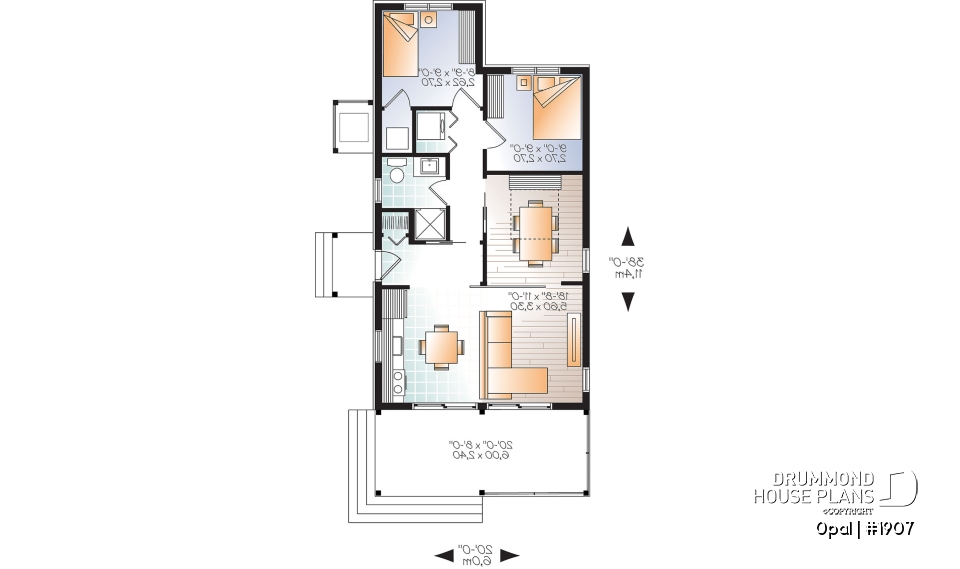 1st level - Modern Rustic 700 sq.ft. tiny small house plan or cabin plan, very versatile, 2+ bedrooms, large covered deck - Opal