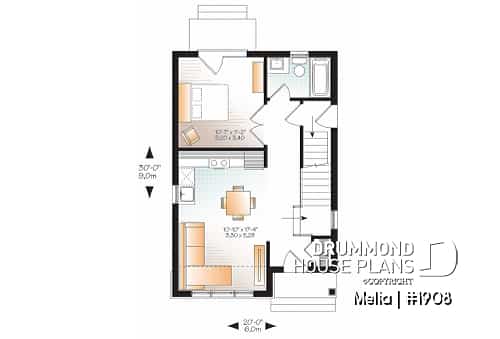 1st level - Country small and affordable starter home plan, 2 to 3 bedrooms, 9 foot ceiling, lots of natural lights  - Melia