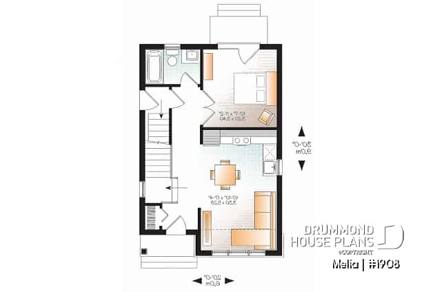 1st level - Country small and affordable starter home plan, 2 to 3 bedrooms, 9 foot ceiling, lots of natural lights  - Melia