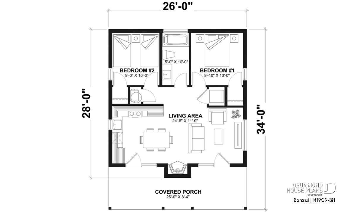 1st level - Modern small home or cabin plan with a charming covered front balcony, 2 bedrooms, central fireplace - Bonzai