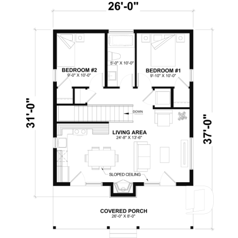 1st level - Basement foundation (Optional $) - Modern small home or cabin plan with a charming covered front balcony, 2 bedrooms, central fireplace - Bonzai