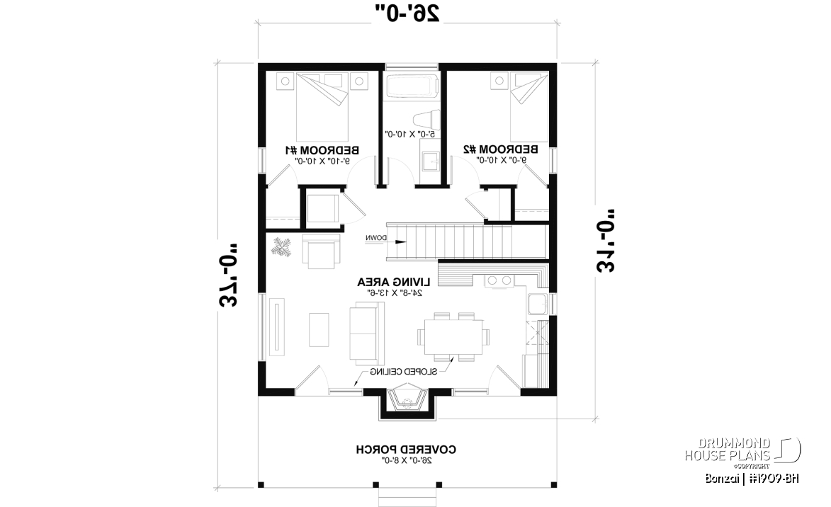 1st level - Basement foundation (Optional $) - Modern small home or cabin plan with a charming covered front balcony, 2 bedrooms, central fireplace - Bonzai