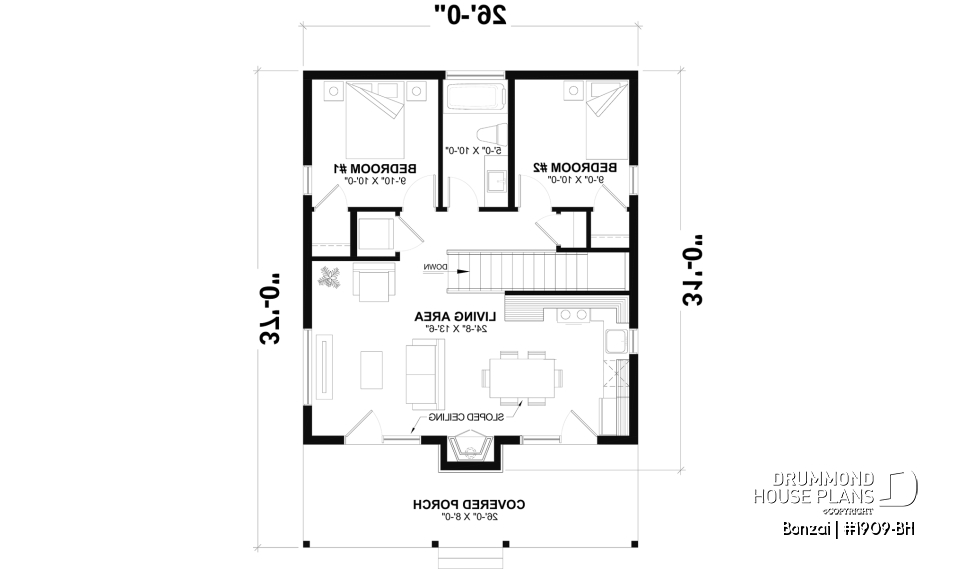 1st level - Basement foundation (Optional $) - Modern small home or cabin plan with a charming covered front balcony, 2 bedrooms, central fireplace - Bonzai