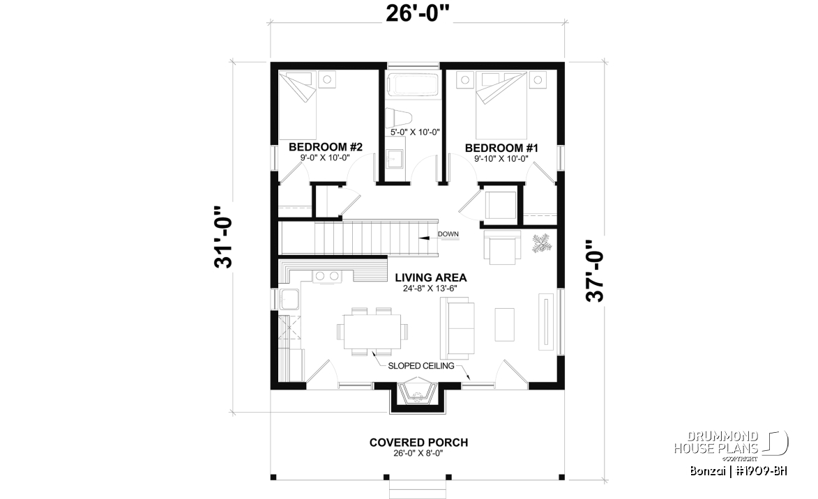 1st level (Optional $) - Modern small home or cabin plan with a charming covered front balcony, 2 bedrooms, central fireplace - Bonzai