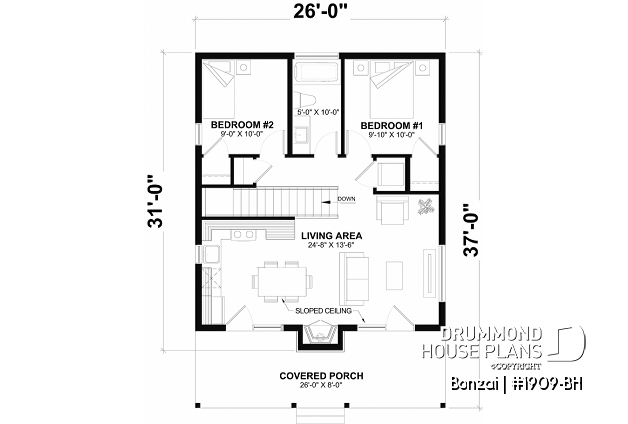 1st level (Optional $) - Modern small home or cabin plan with a charming covered front balcony, 2 bedrooms, central fireplace - Bonzai