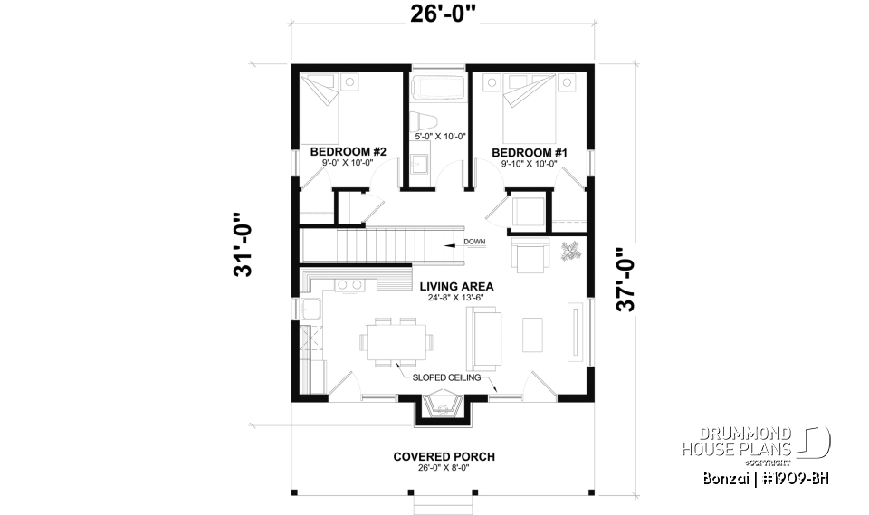 1st level (Optional $) - Modern small home or cabin plan with a charming covered front balcony, 2 bedrooms, central fireplace - Bonzai