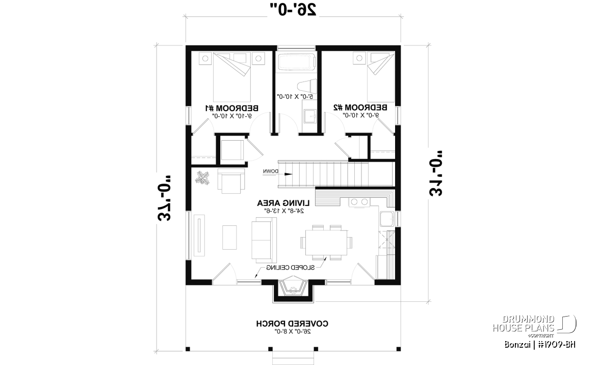 1st level (Optional $) - Modern small home or cabin plan with a charming covered front balcony, 2 bedrooms, central fireplace - Bonzai
