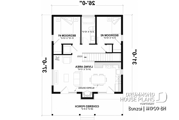 1st level (Optional $) - Modern small home or cabin plan with a charming covered front balcony, 2 bedrooms, central fireplace - Bonzai