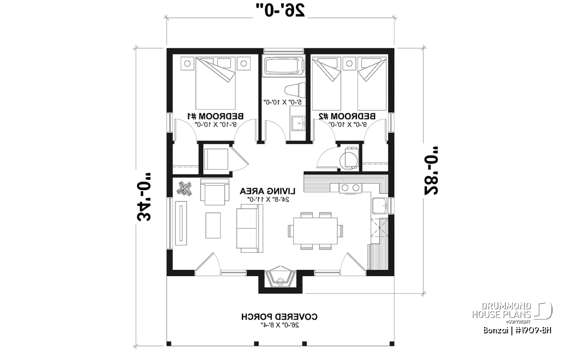 1st level - Modern small home or cabin plan with a charming covered front balcony, 2 bedrooms, central fireplace - Bonzai
