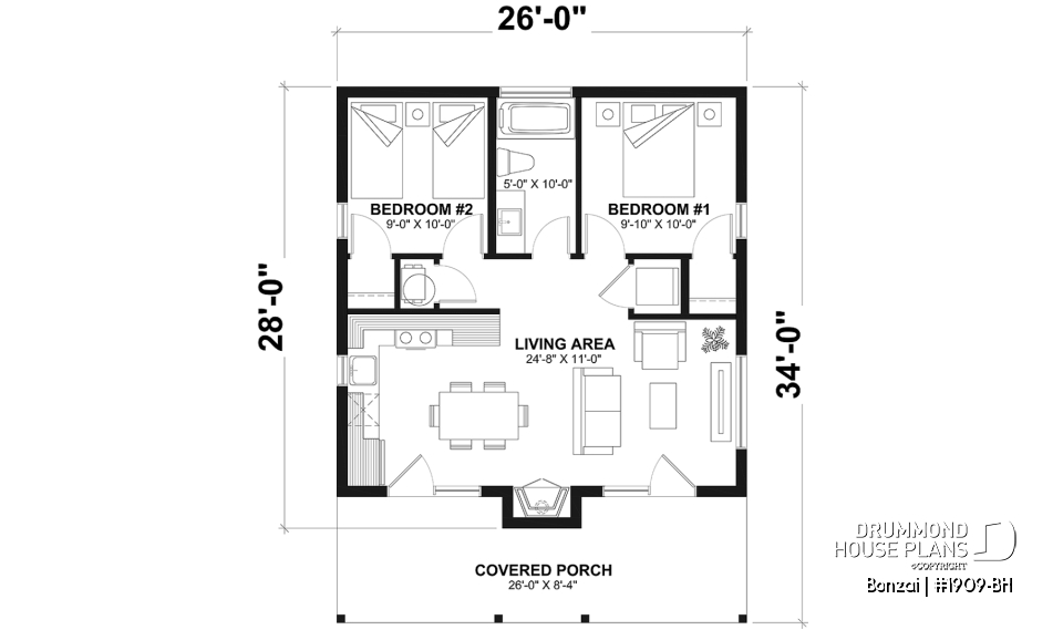 1st level - Slab foundation - Modern small home or cabin plan with a charming covered front balcony, 2 bedrooms, central fireplace - Bonzai