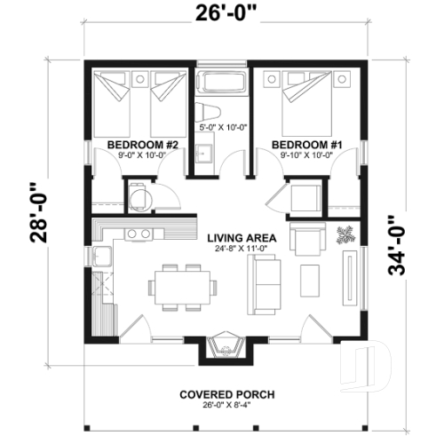 1st level - Slab foundation - Modern small home or cabin plan with a charming covered front balcony, 2 bedrooms, central fireplace - Bonzai