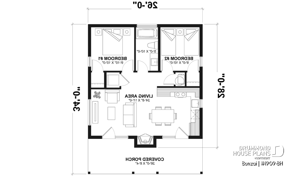 1st level - Slab foundation - Modern small home or cabin plan with a charming covered front balcony, 2 bedrooms, central fireplace - Bonzai