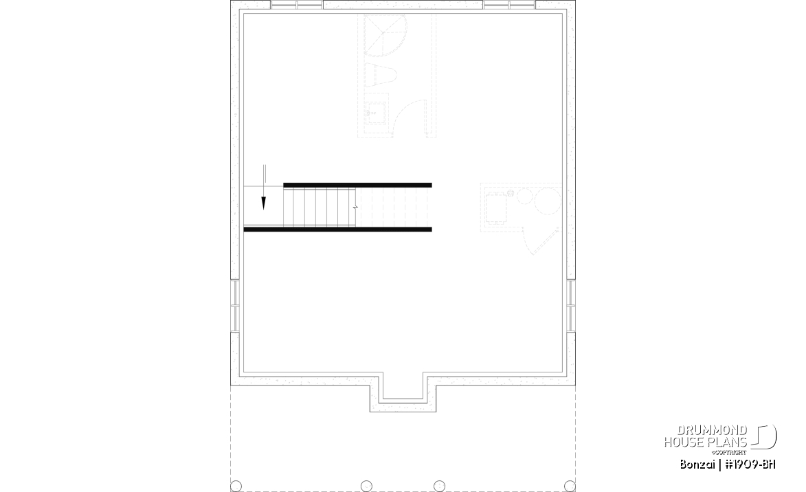 Unfinished basement (Optional $) - Modern small home or cabin plan with a charming covered front balcony, 2 bedrooms, central fireplace - Bonzai