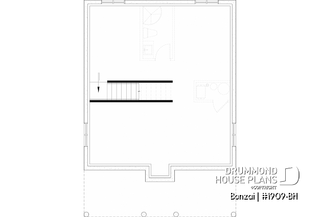 Unfinished basement (Optional $) - Modern small home or cabin plan with a charming covered front balcony, 2 bedrooms, central fireplace - Bonzai