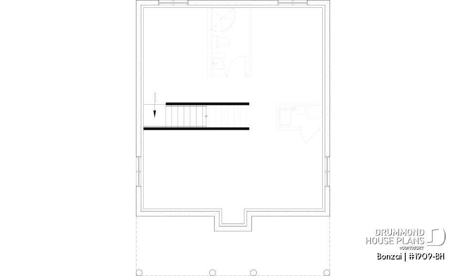 Unfinished basement (Optional $) - Modern small home or cabin plan with a charming covered front balcony, 2 bedrooms, central fireplace - Bonzai